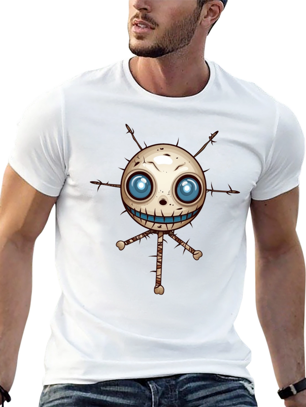 Creepy Voodoo Doll Graphic Print Black T-Shirt