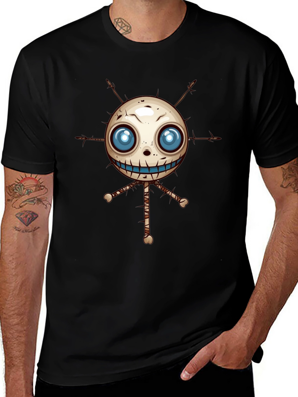 Creepy Voodoo Doll Graphic Print Black T-Shirt