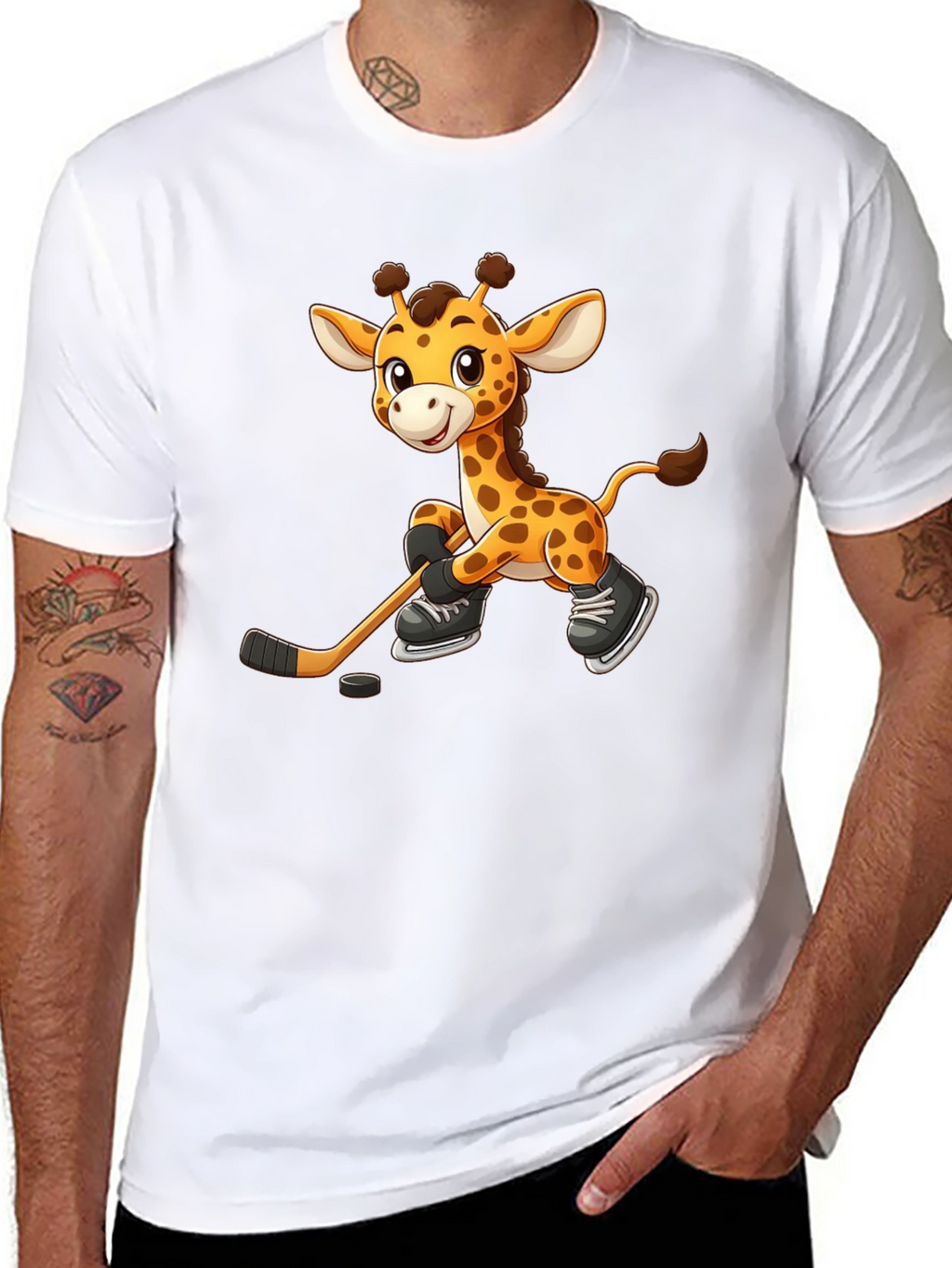 Giraffe Hockey Player Black T-Shirt