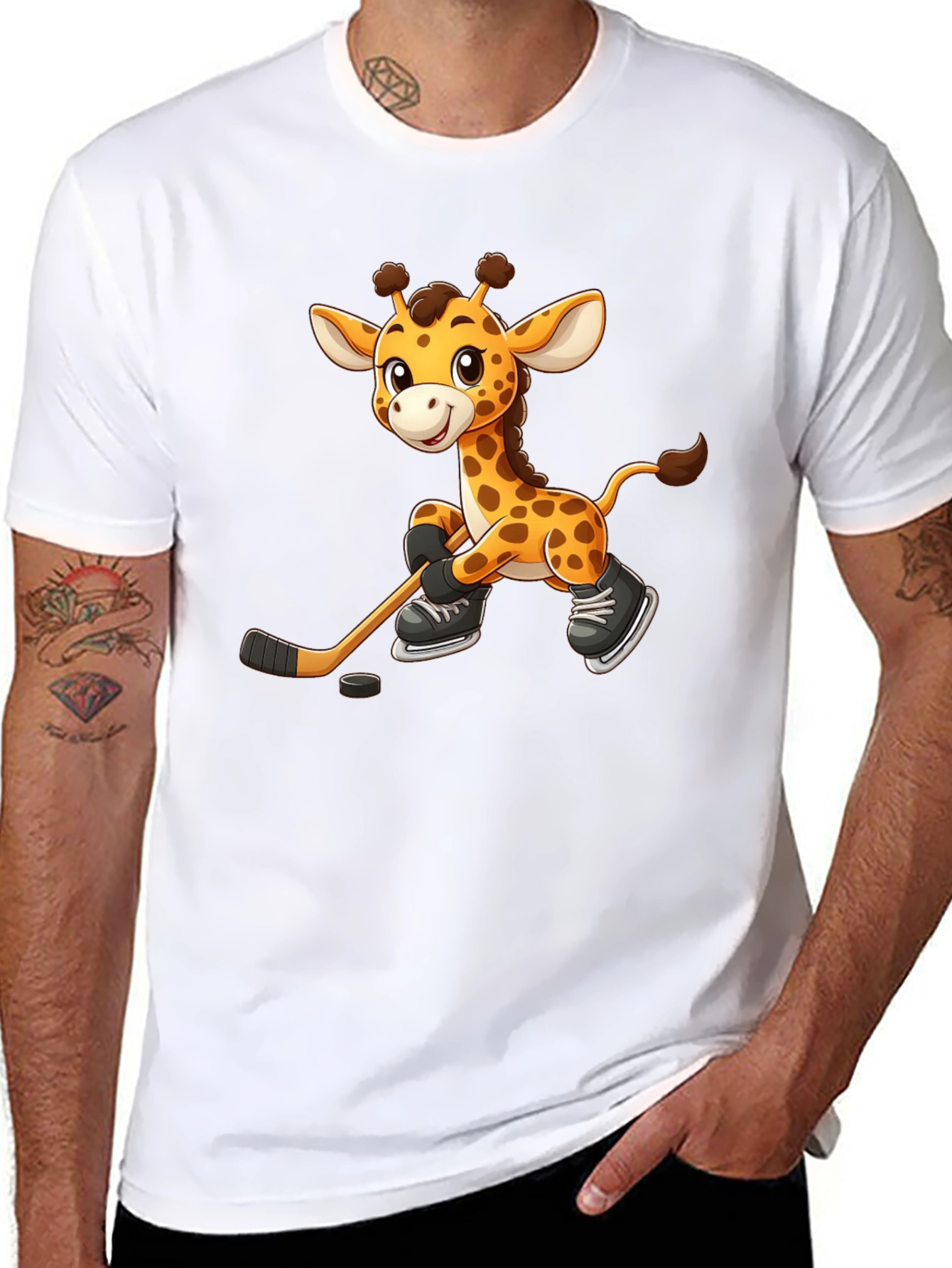 Giraffe Hockey Player Black T-Shirt