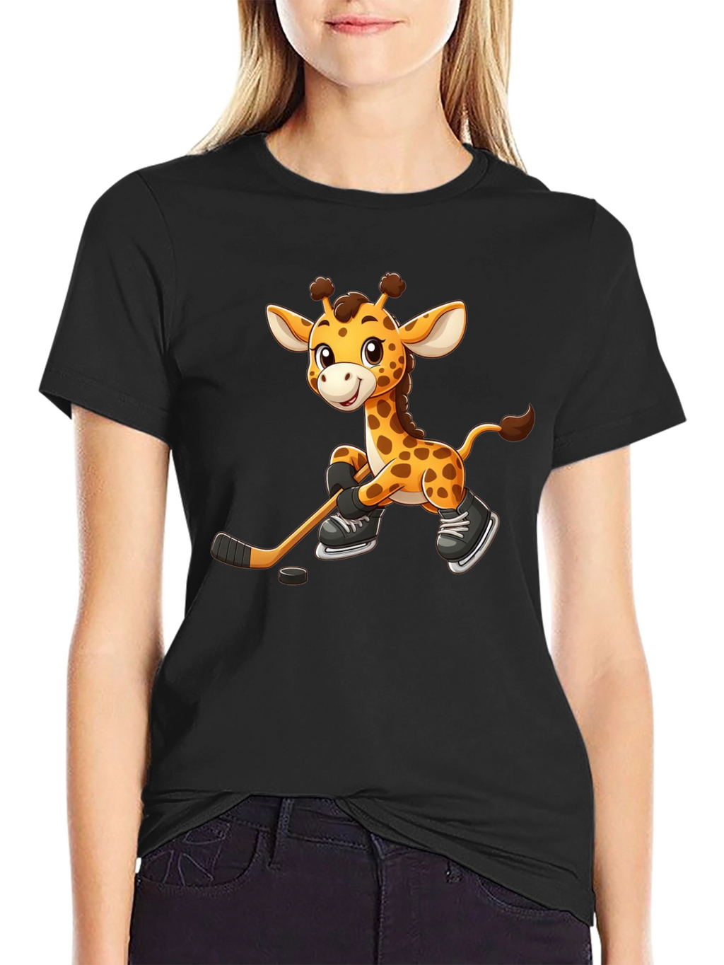Giraffe Hockey Player Black T-Shirt