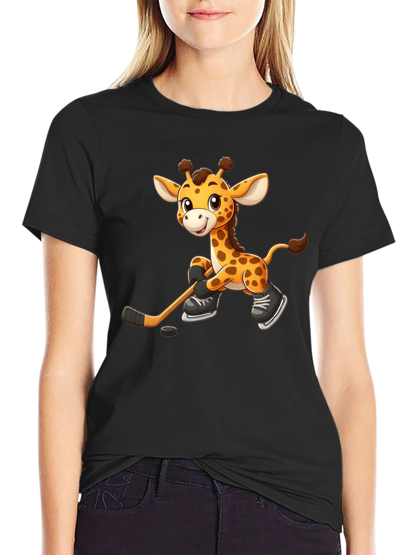 Giraffe Hockey Player Black T-Shirt