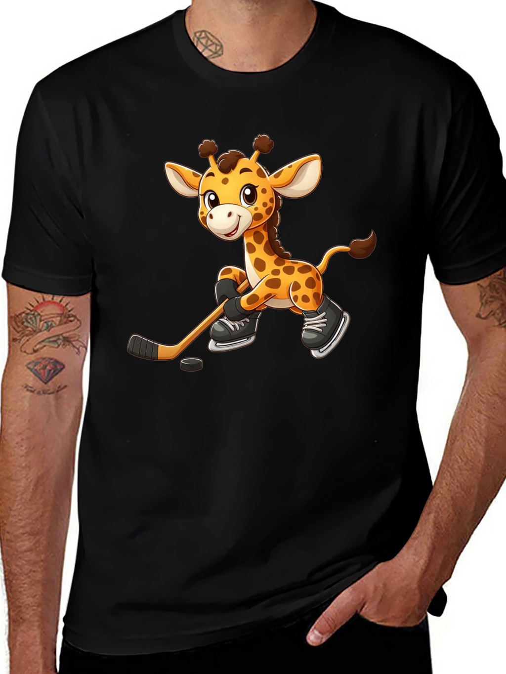 Giraffe Hockey Player Black T-Shirt