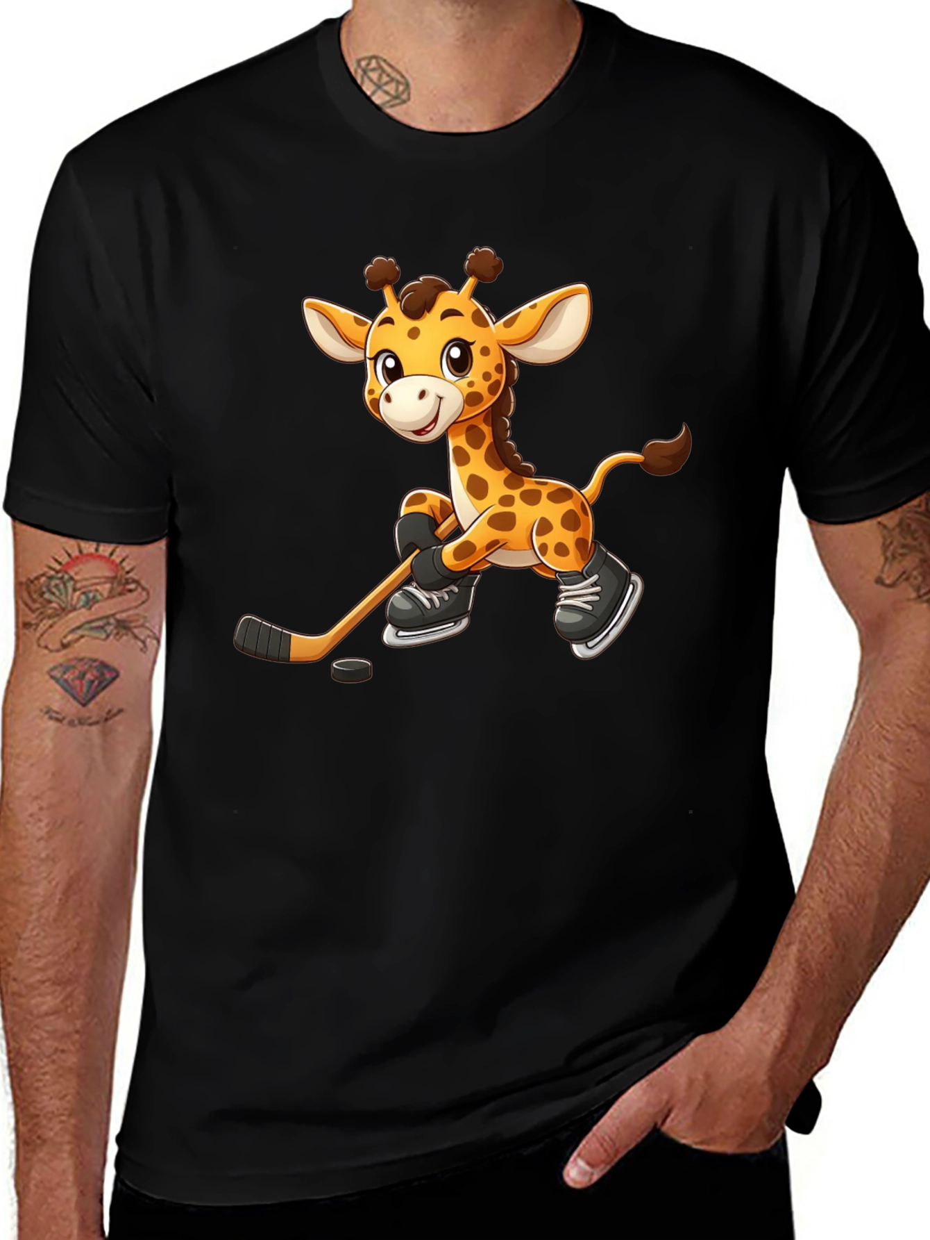 Giraffe Hockey Player Black T-Shirt