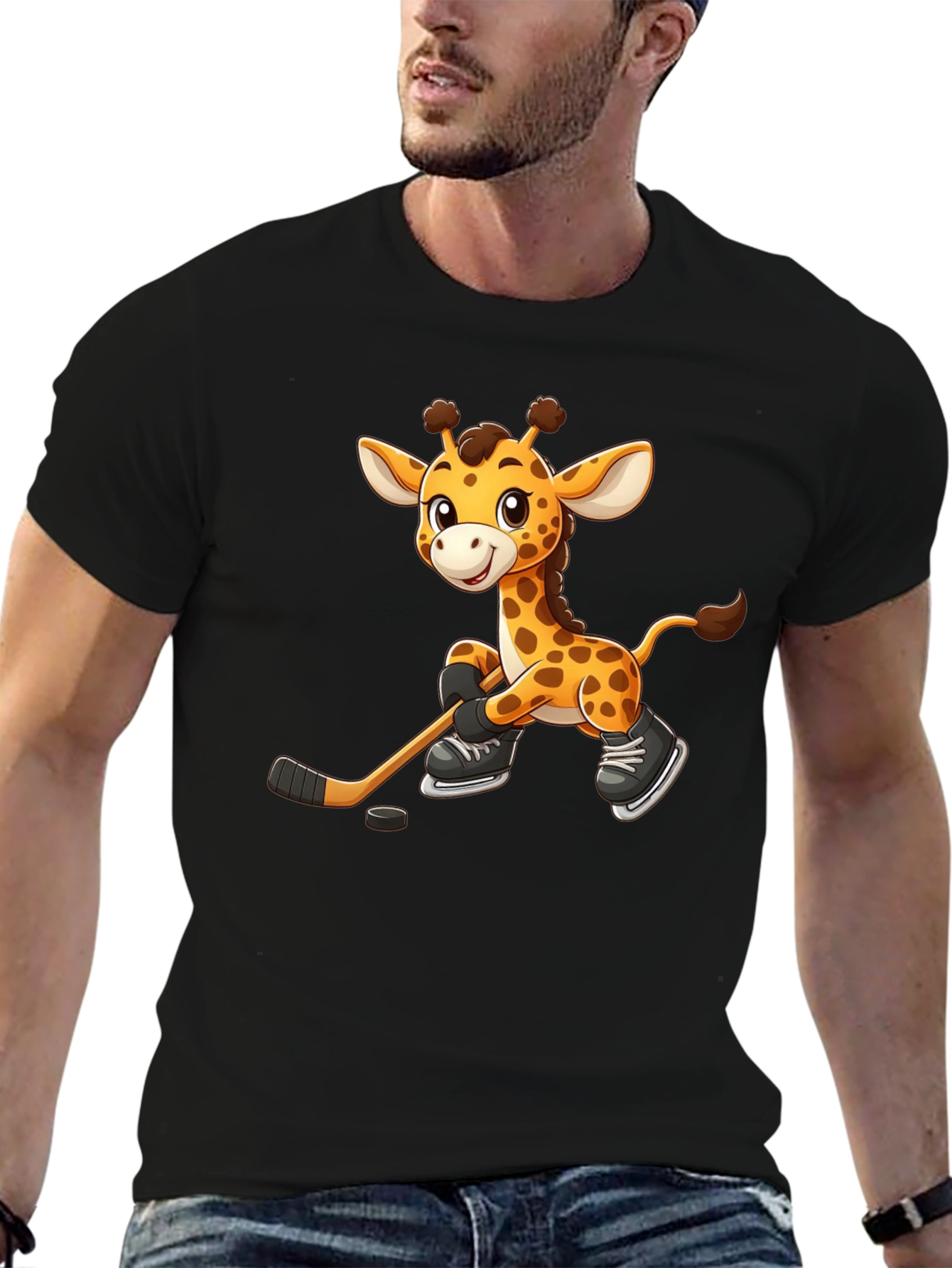 Giraffe Hockey Player Black T-Shirt