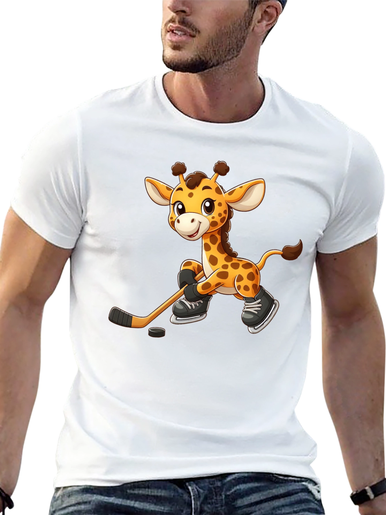 Giraffe Hockey Player Black T-Shirt