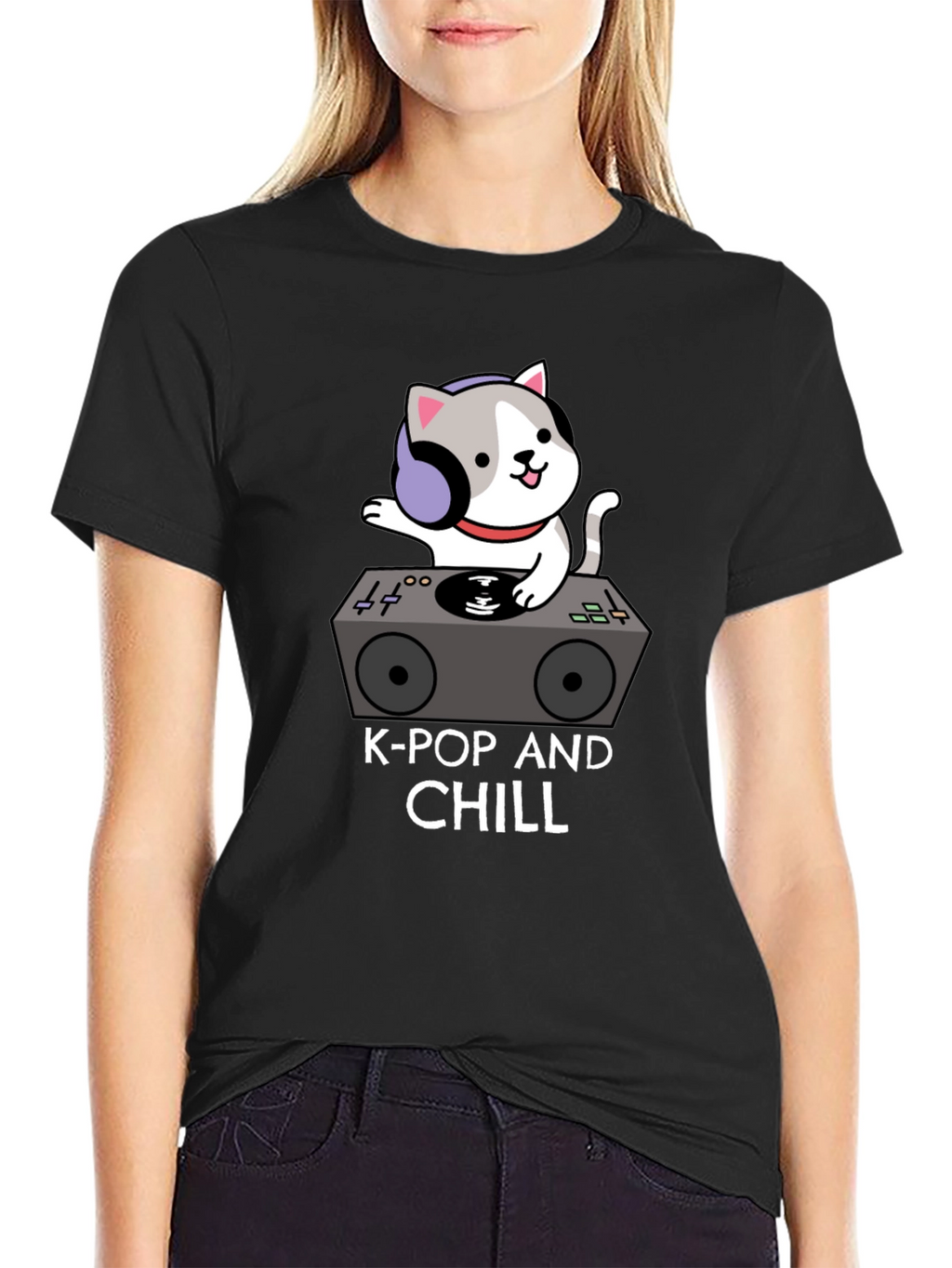 K-Pop and Chill Cat DJ Black T-Shirt