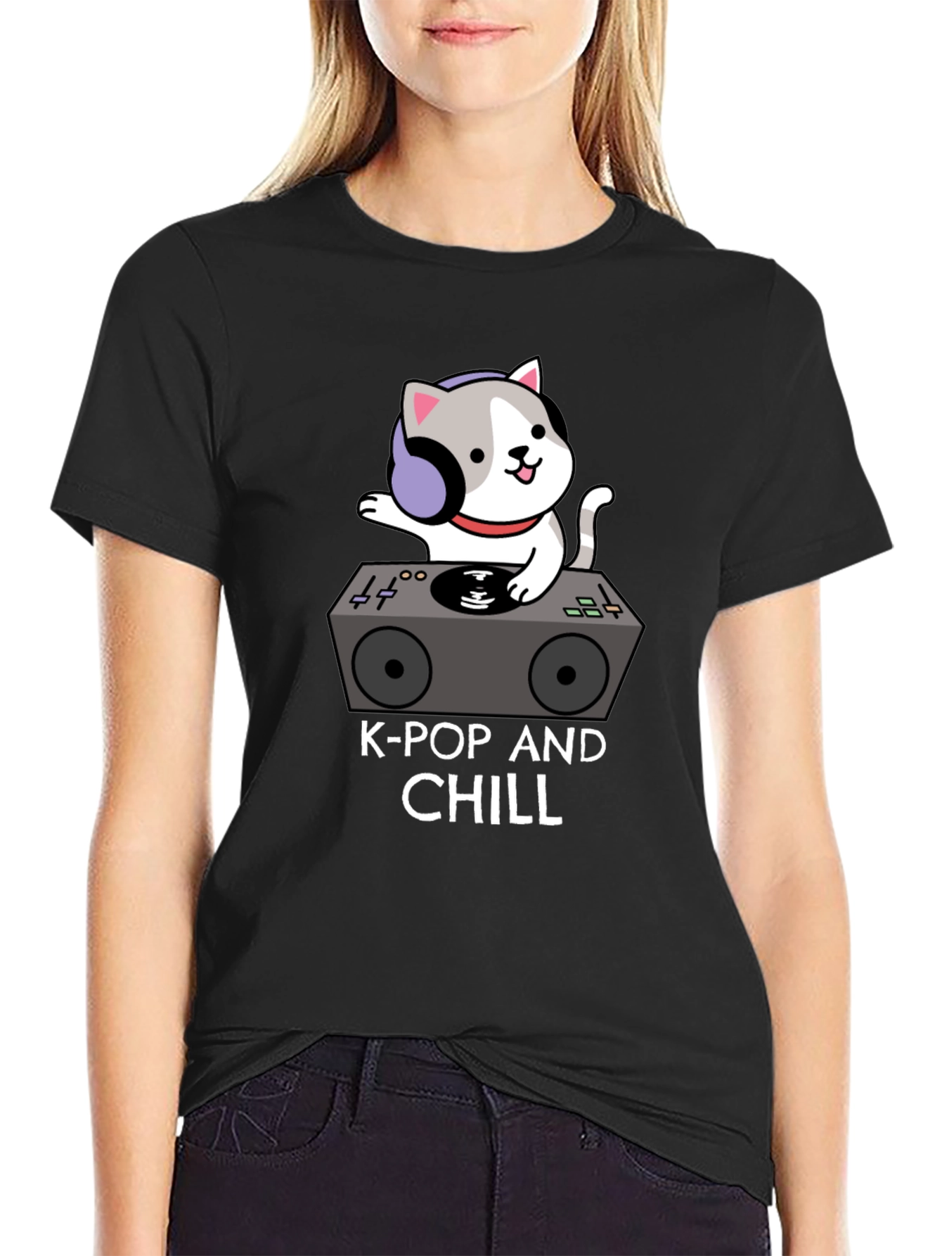 K-Pop and Chill Cat DJ Black T-Shirt