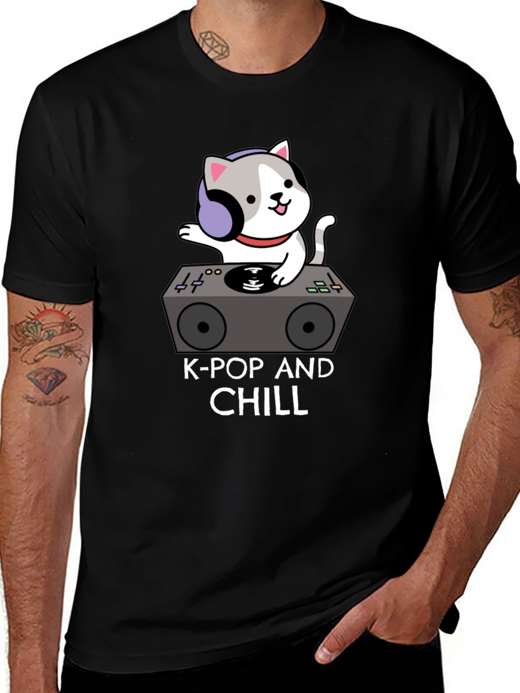 K-Pop and Chill Cat DJ Black T-Shirt