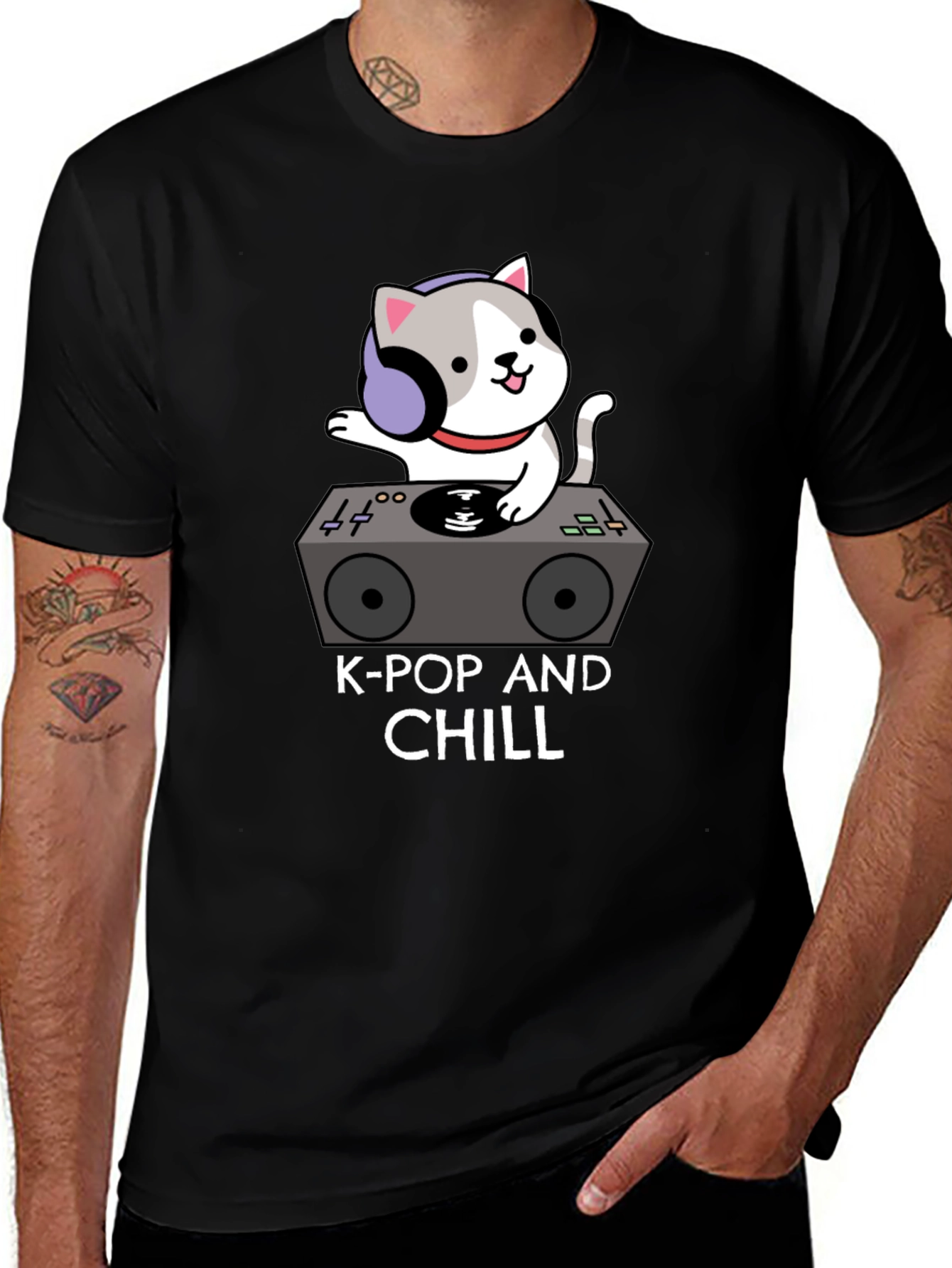 K-Pop and Chill Cat DJ Black T-Shirt