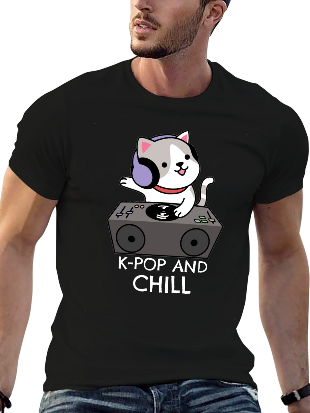 K-Pop and Chill Cat DJ Black T-Shirt