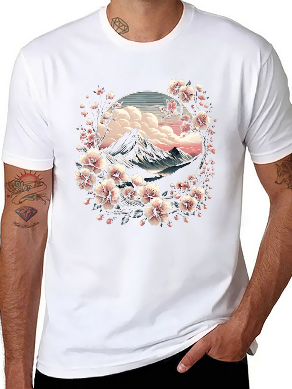 Sakura Mountain Graphic Tee - Artistic Nature Design