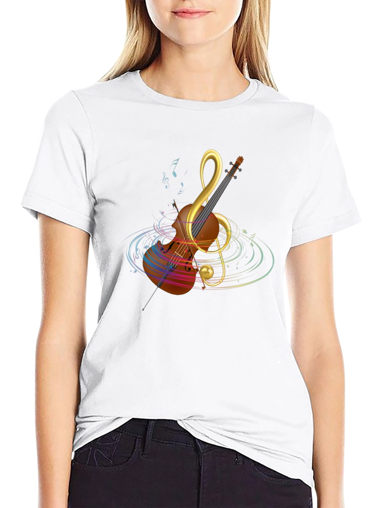 Musical Note Violin Graphic Tee - Black Cotton T-Shirt