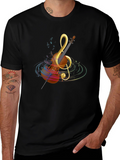 Musical Note Violin Graphic Tee - Black Cotton T-Shirt