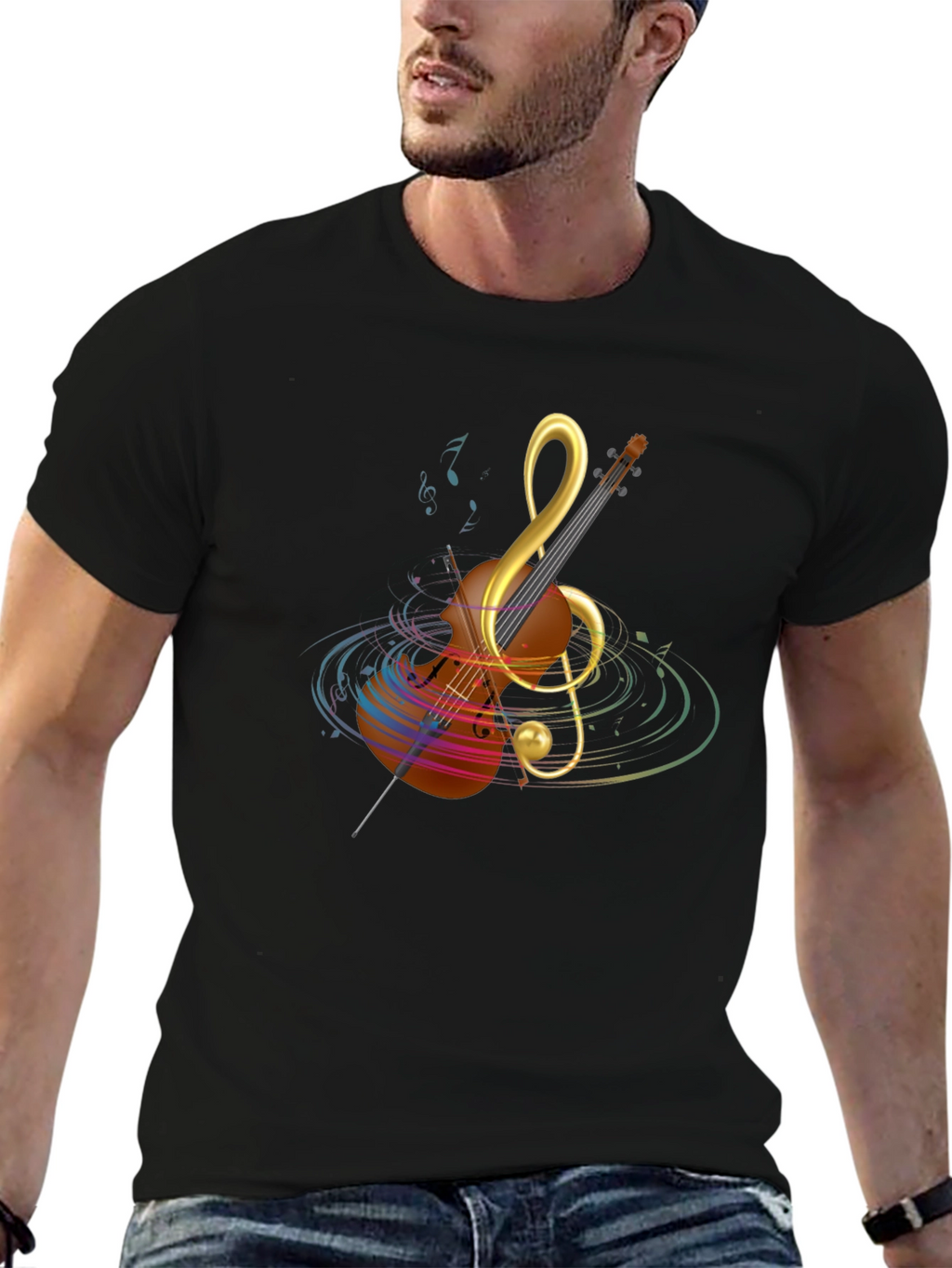 Musical Note Violin Graphic Tee - Black Cotton T-Shirt