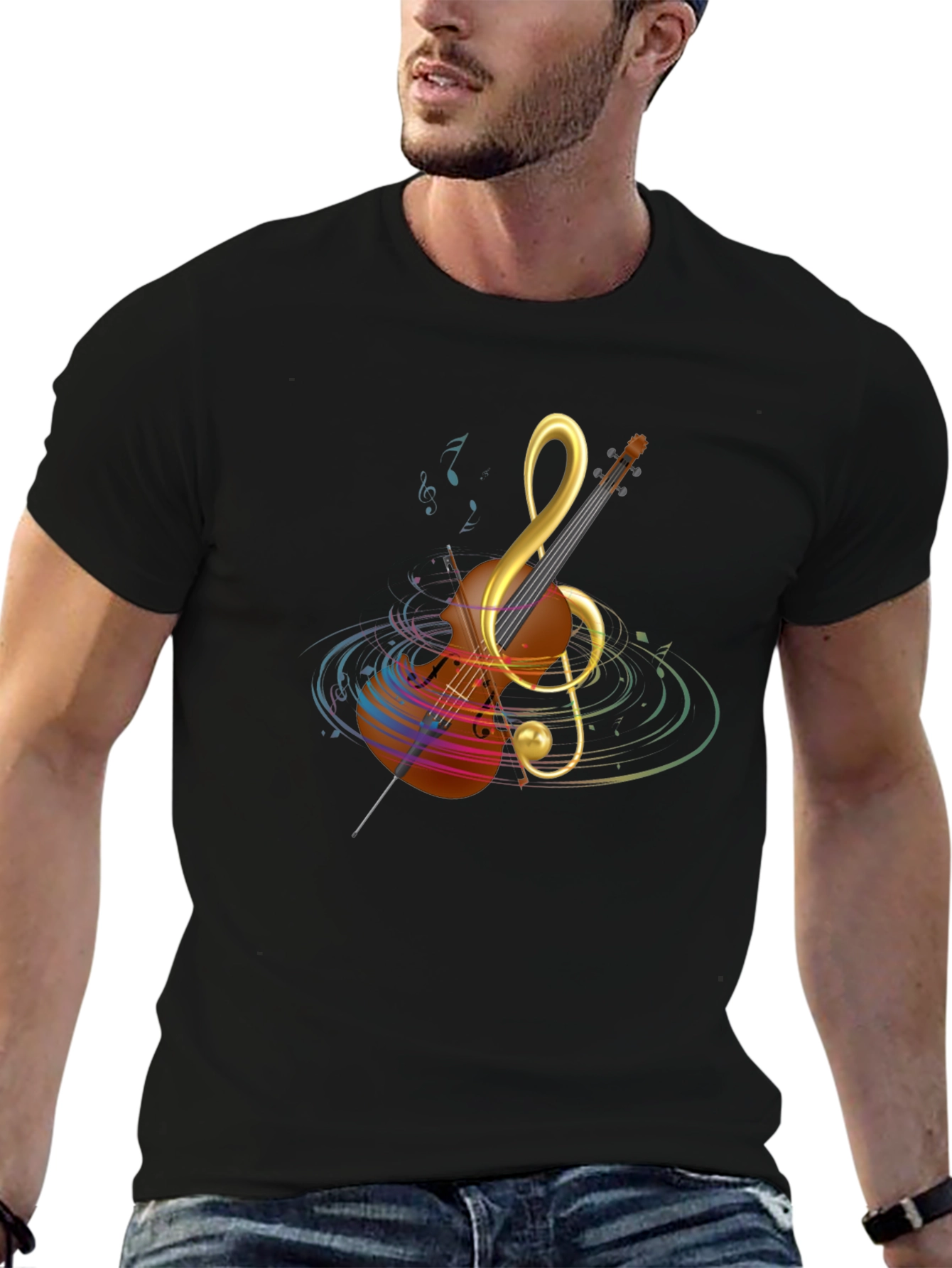Musical Note Violin Graphic Tee - Black Cotton T-Shirt
