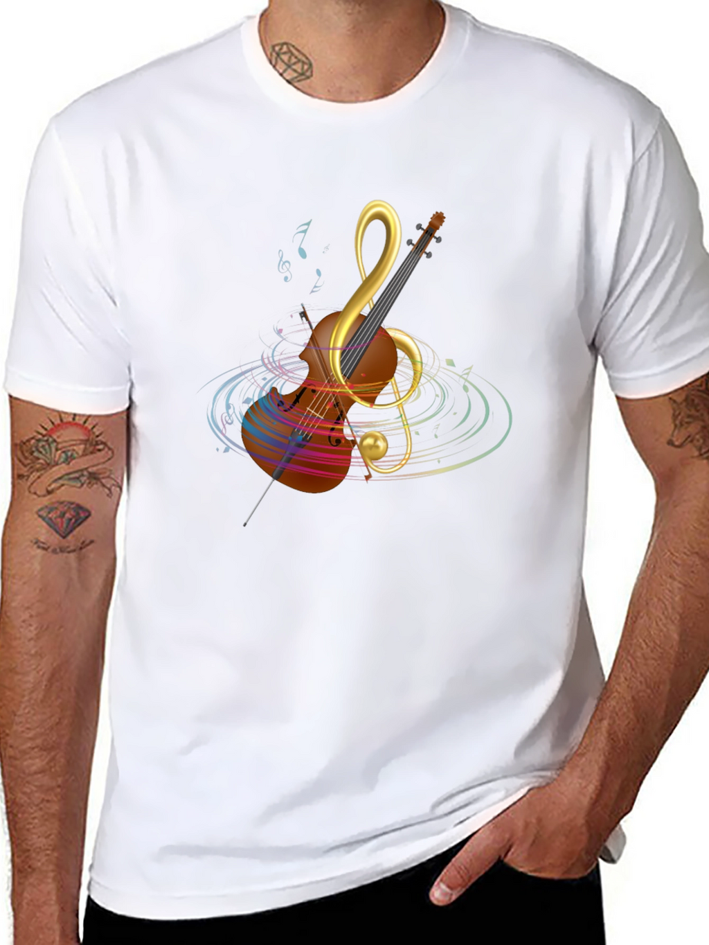 Musical Note Violin Graphic Tee - Black Cotton T-Shirt