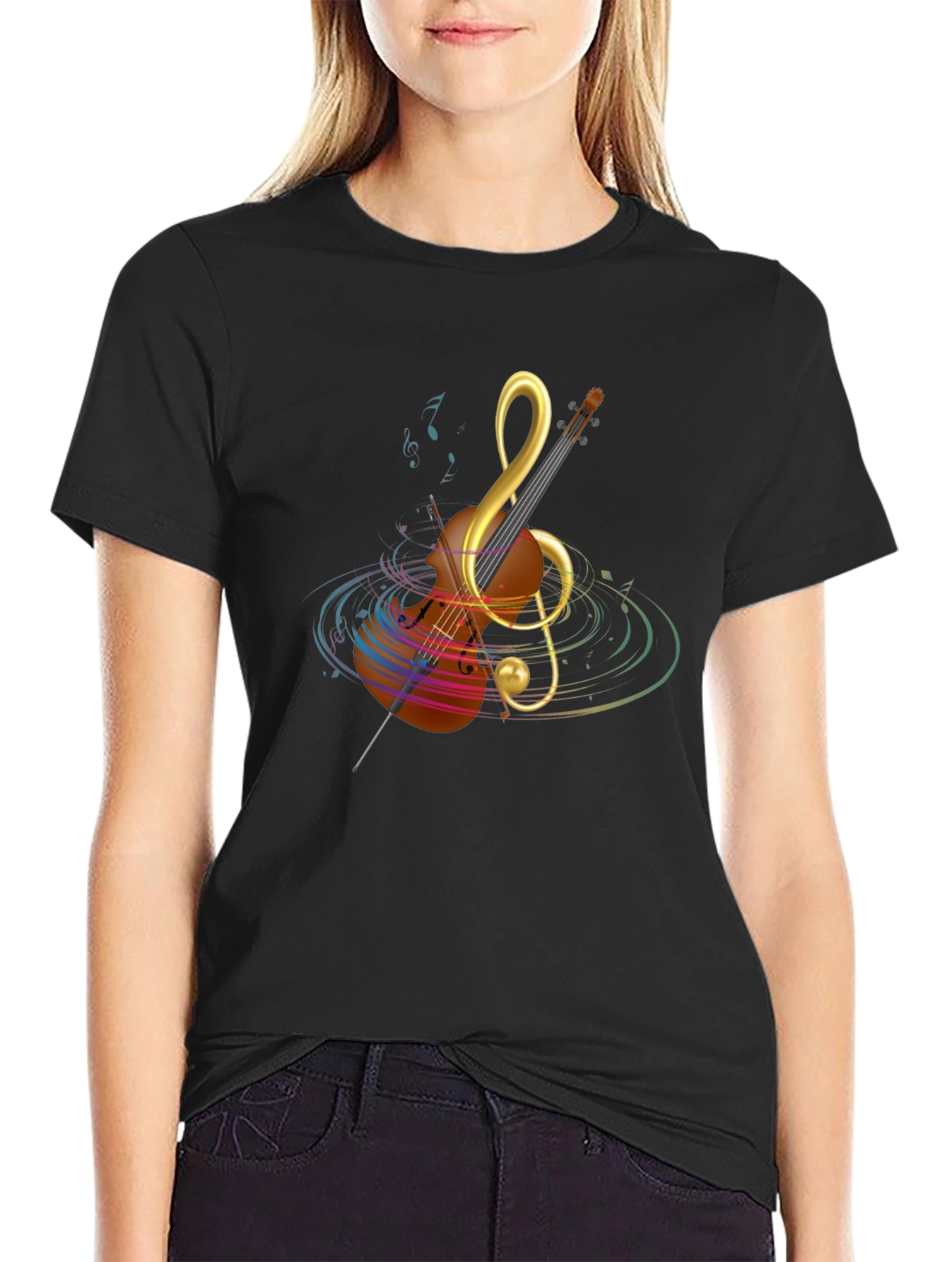 Musical Note Violin Graphic Tee - Black Cotton T-Shirt
