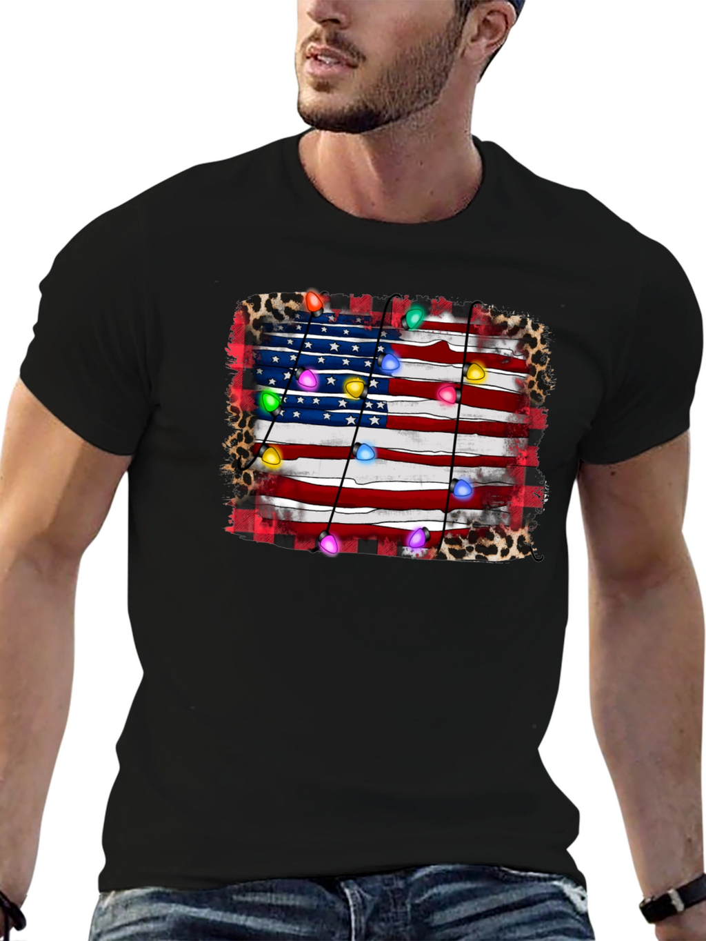 American Flag Christmas Lights Graphic Tee