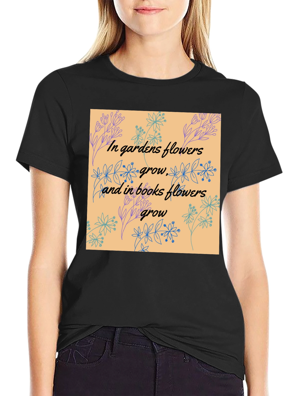 Floral Garden & Book Lovers Black T-Shirt