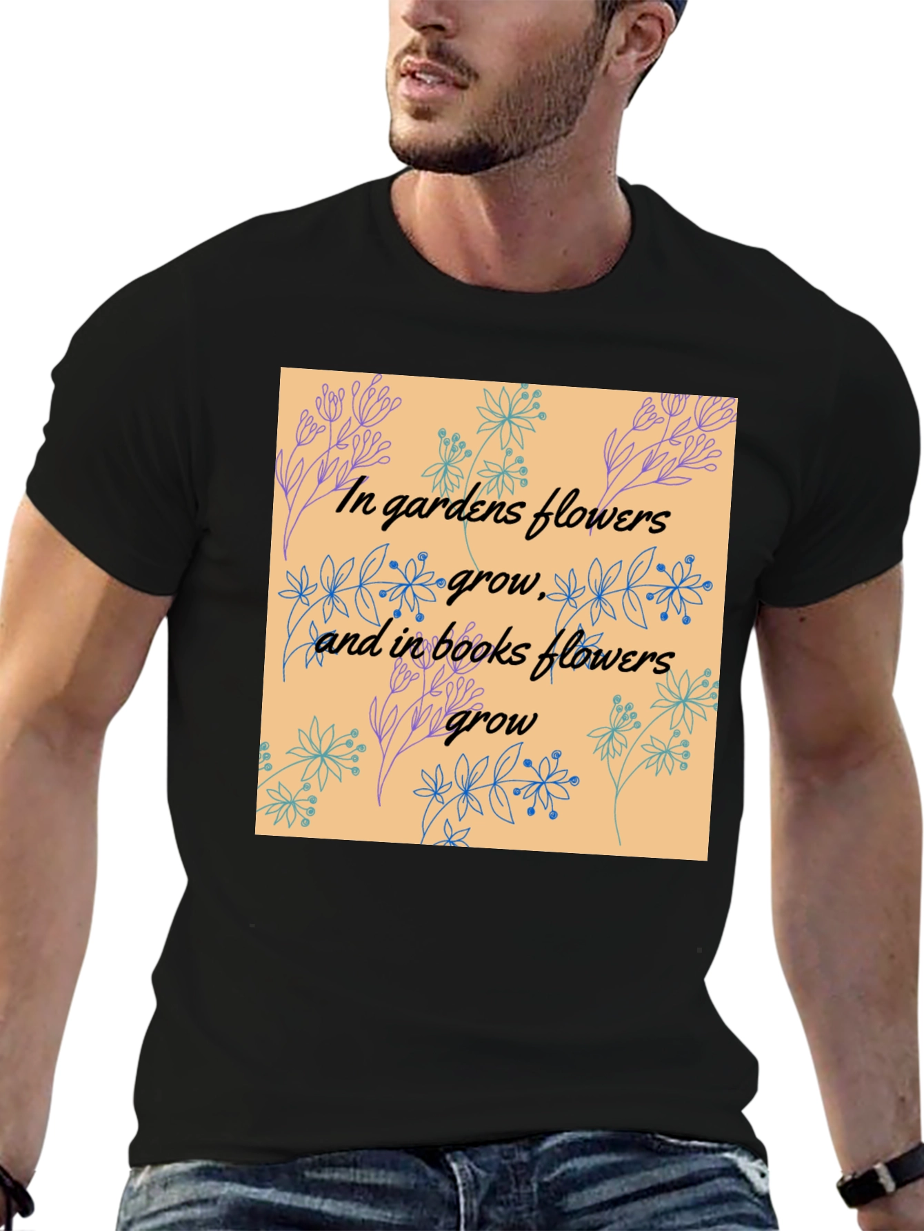 Floral Garden & Book Lovers Black T-Shirt