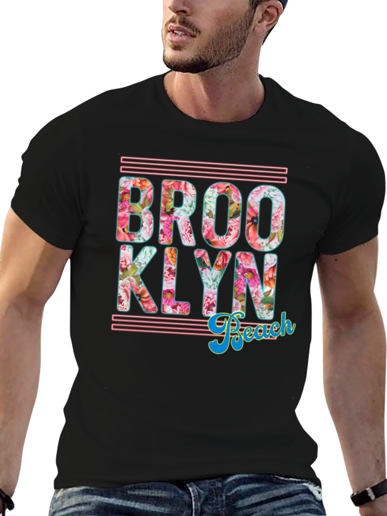 Brooklyn Beach Floral Print Black T-Shirt