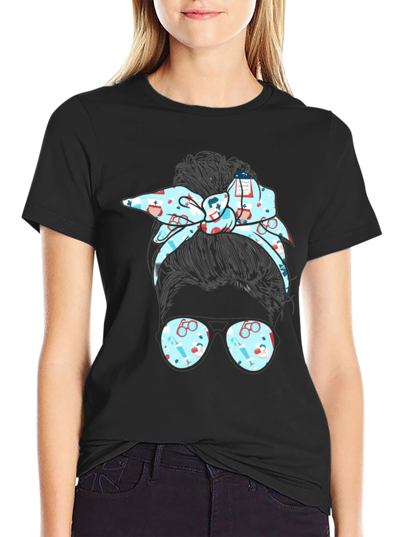 Nurse Messy Bun Graphic Tee - Black