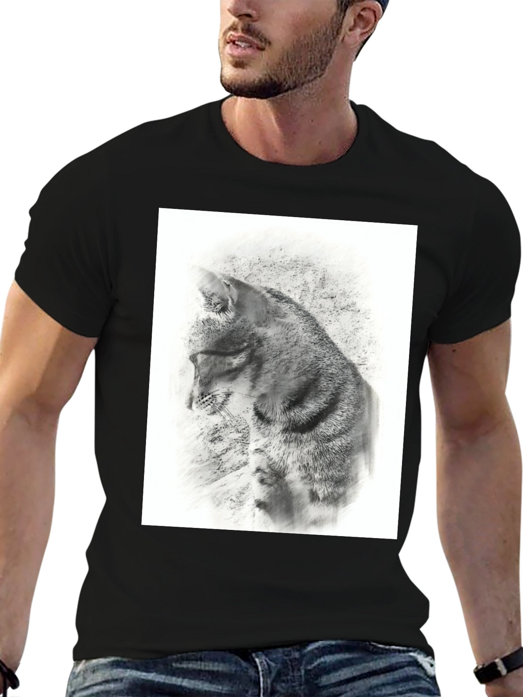 Black T-Shirt with Artistic Cat Print