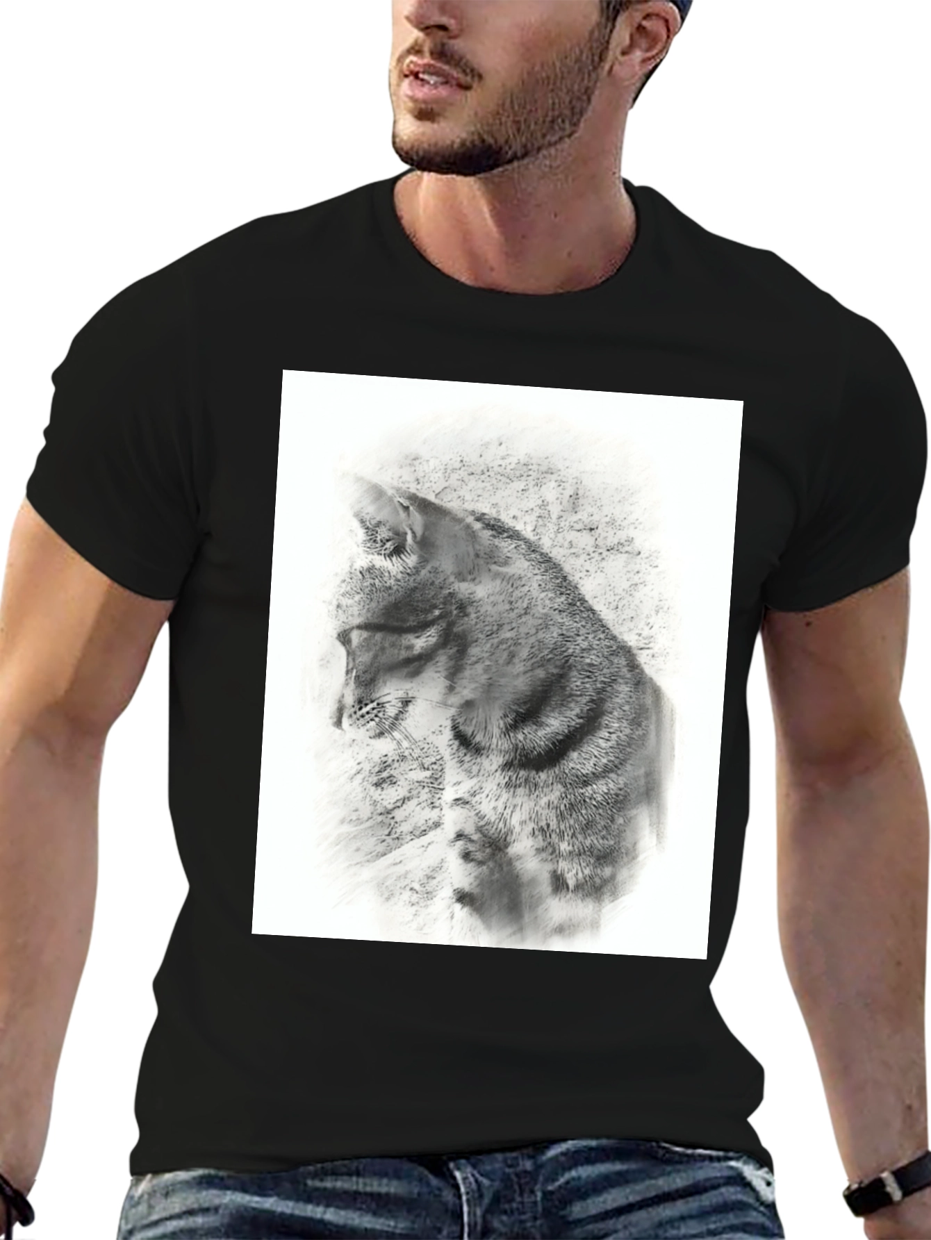 Black T-Shirt with Artistic Cat Print