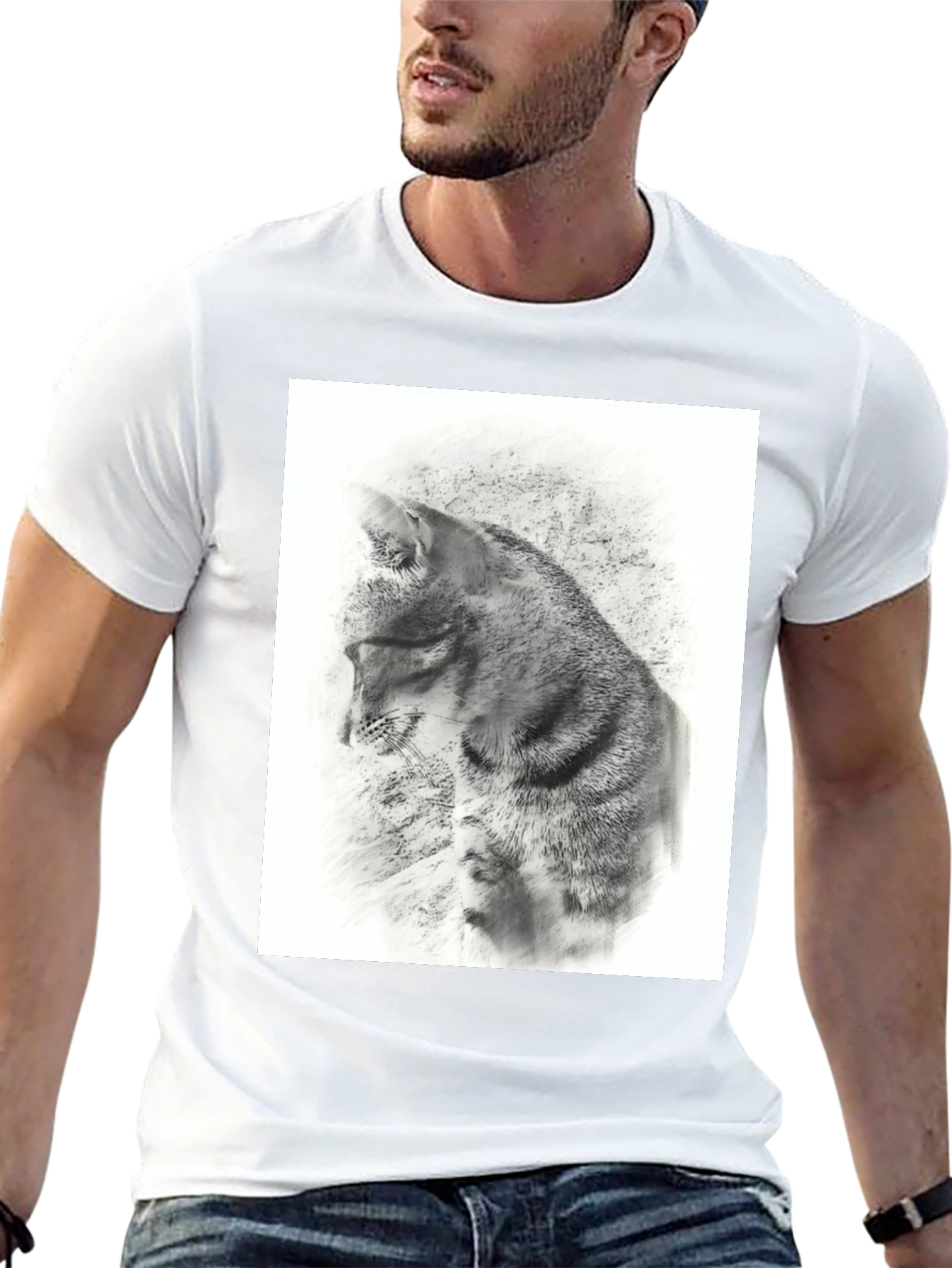 Black T-Shirt with Artistic Cat Print