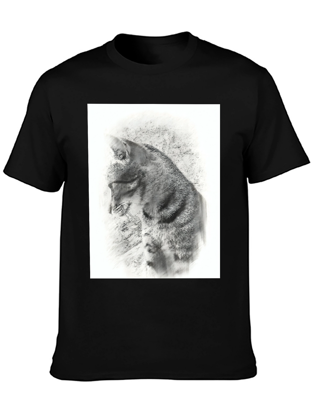 Black T-Shirt with Artistic Cat Print