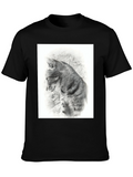 Black T-Shirt with Artistic Cat Print