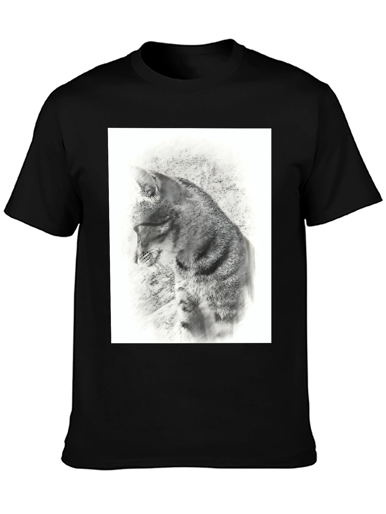Black T-Shirt with Artistic Cat Print