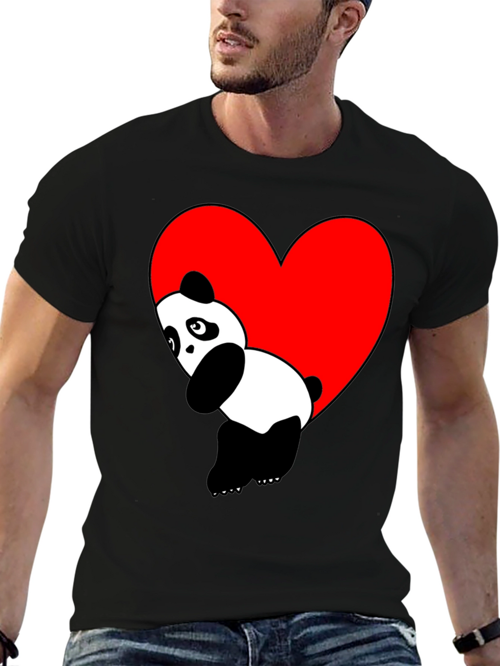 Cute Panda Heart Graphic Black T-Shirt