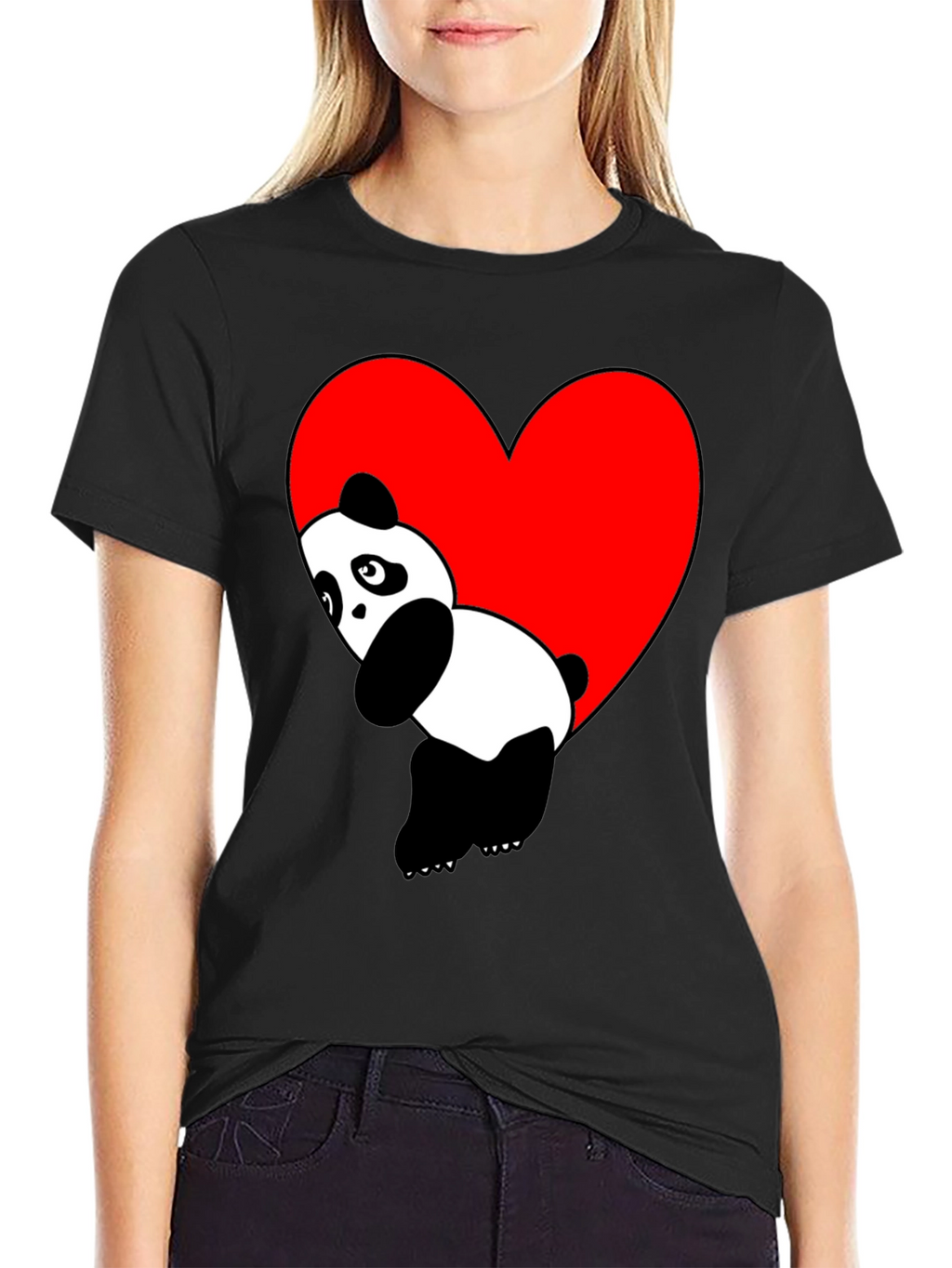 Cute Panda Heart Graphic Black T-Shirt