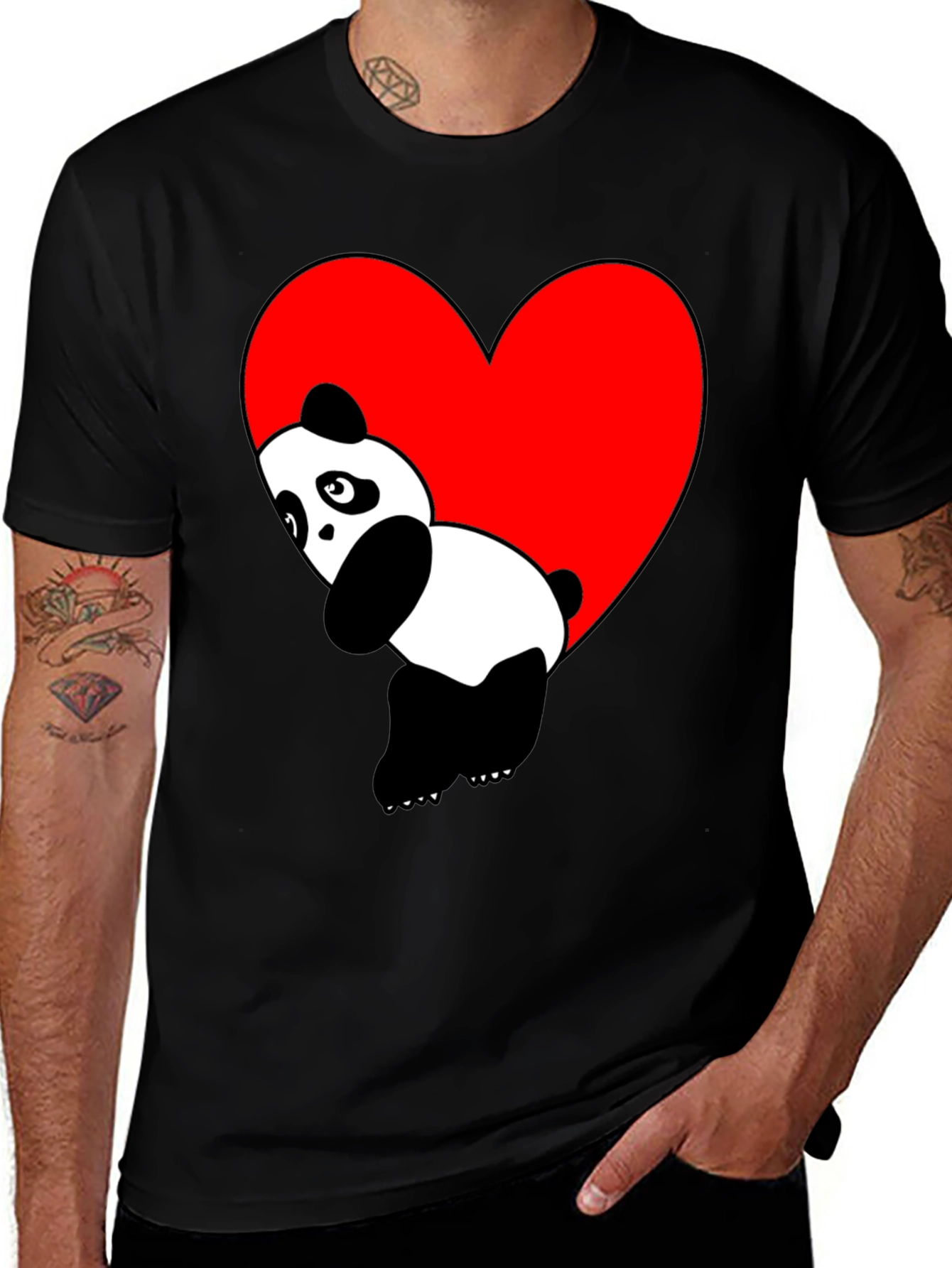 Cute Panda Heart Graphic Black T-Shirt