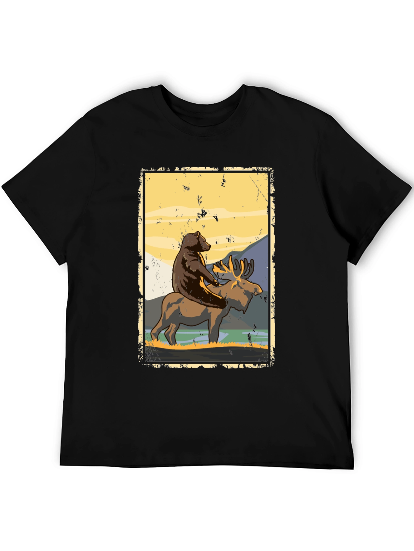 Bear Riding Moose Graphic T-Shirt - Nature Adventure Tee