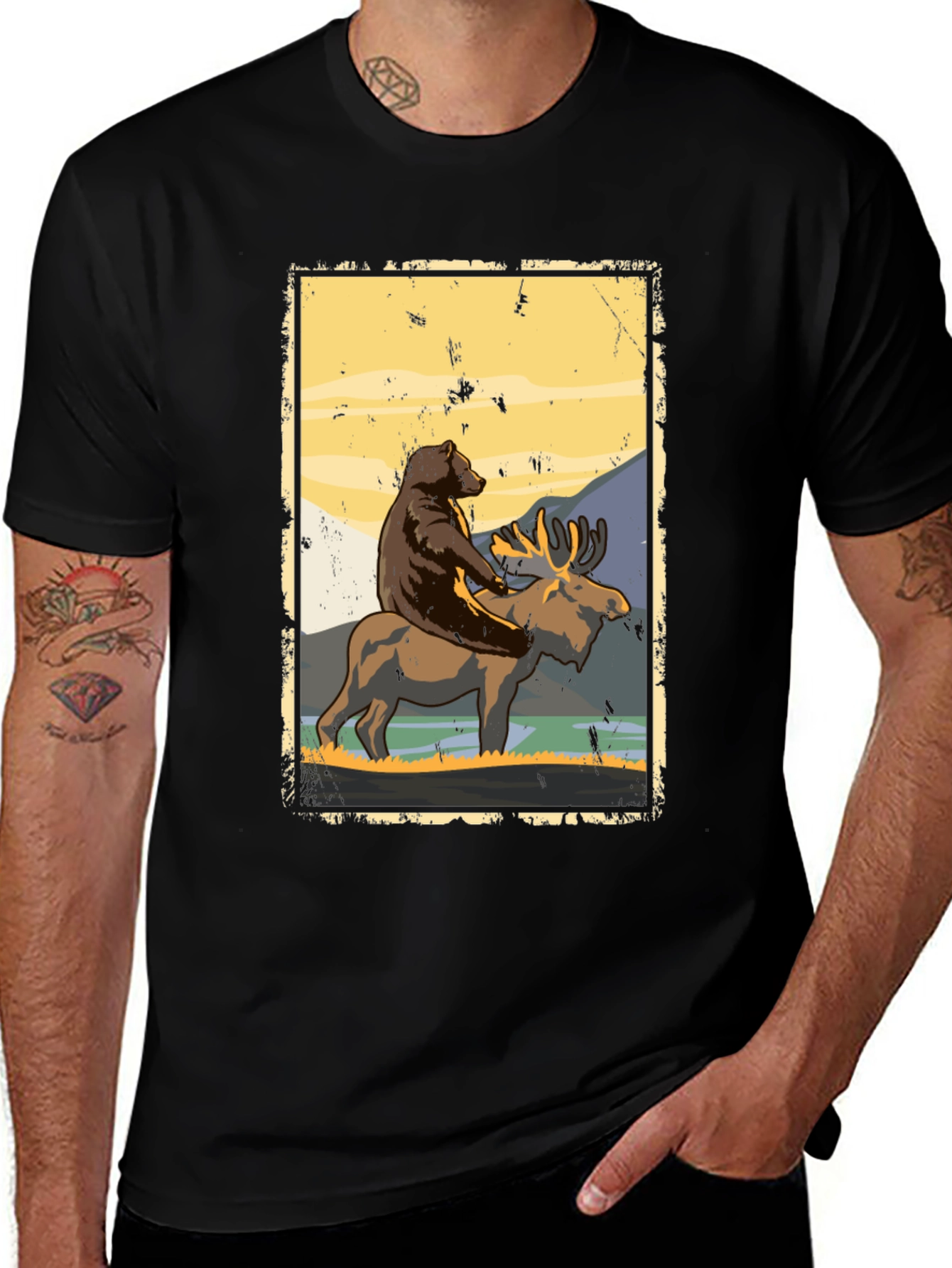Bear Riding Moose Graphic T-Shirt - Nature Adventure Tee