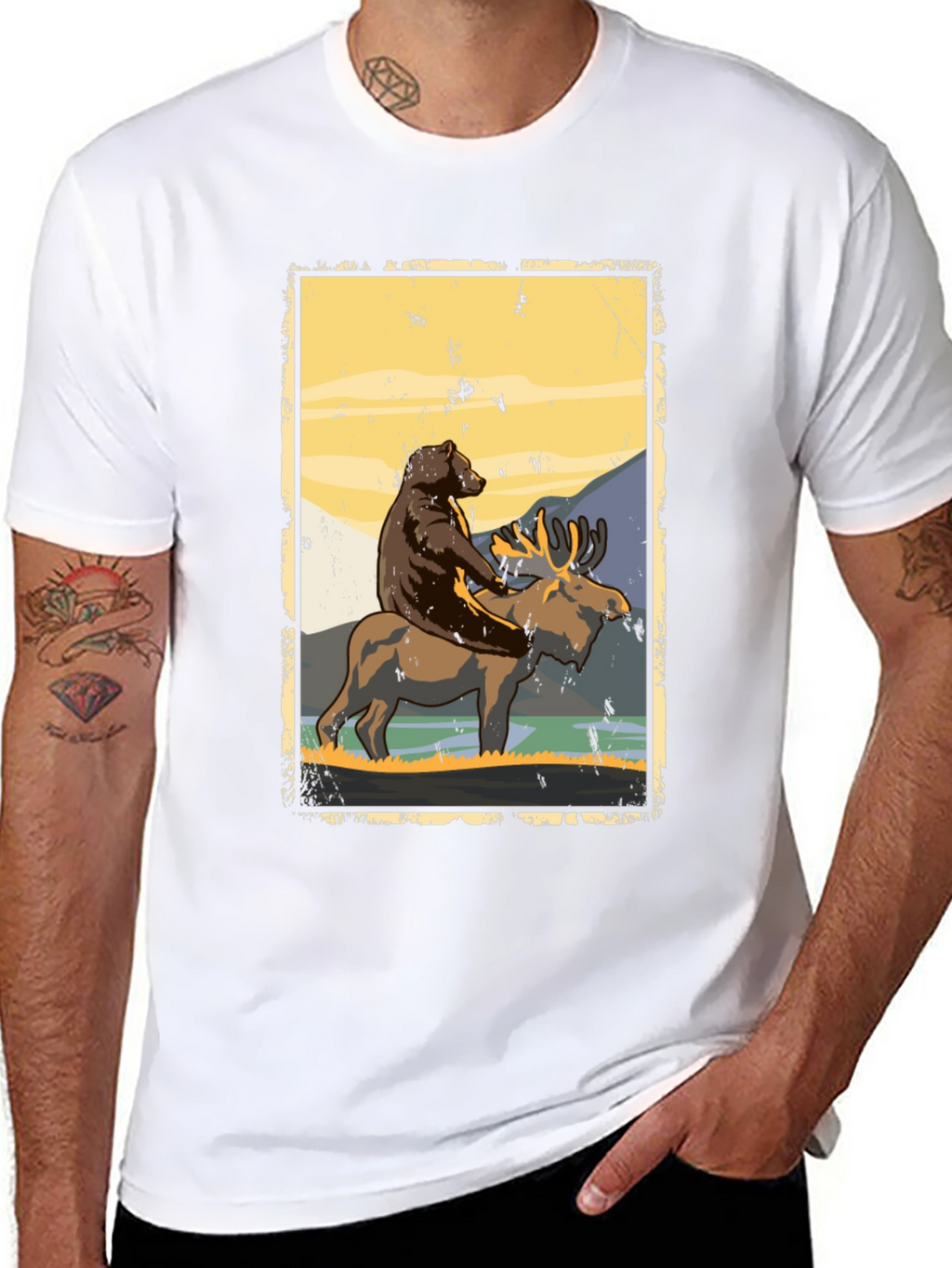 Bear Riding Moose Graphic T-Shirt - Nature Adventure Tee