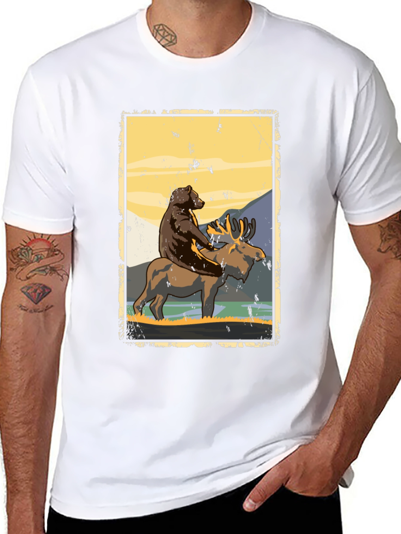 Bear Riding Moose Graphic T-Shirt - Nature Adventure Tee