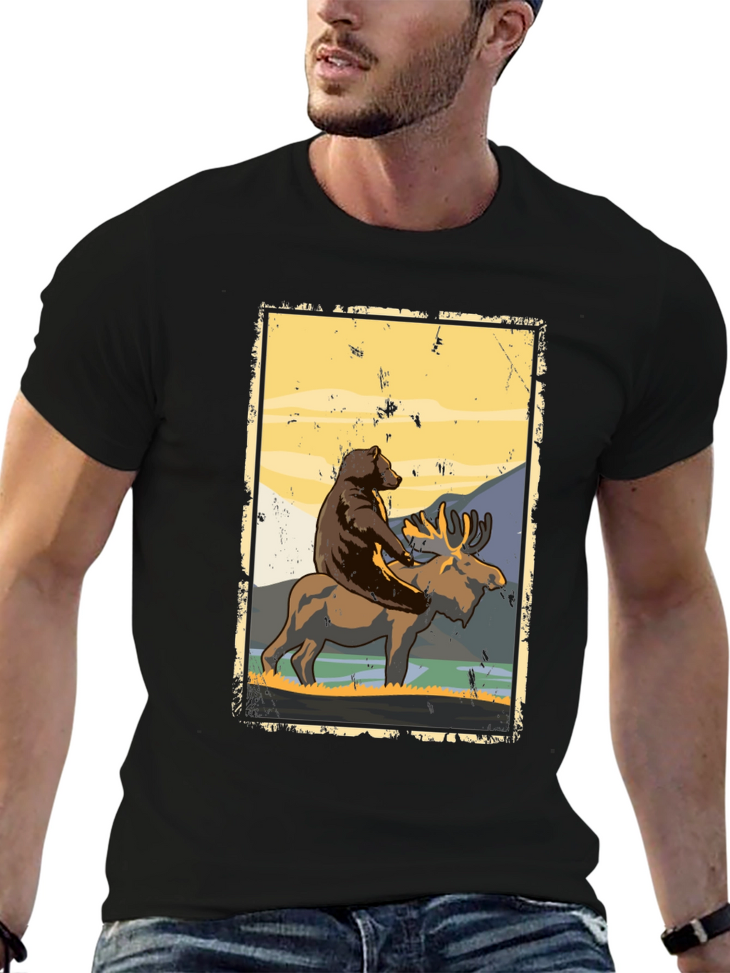 Bear Riding Moose Graphic T-Shirt - Nature Adventure Tee