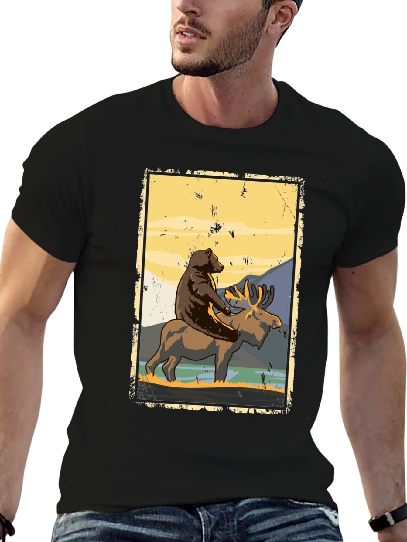Bear Riding Moose Graphic T-Shirt - Nature Adventure Tee