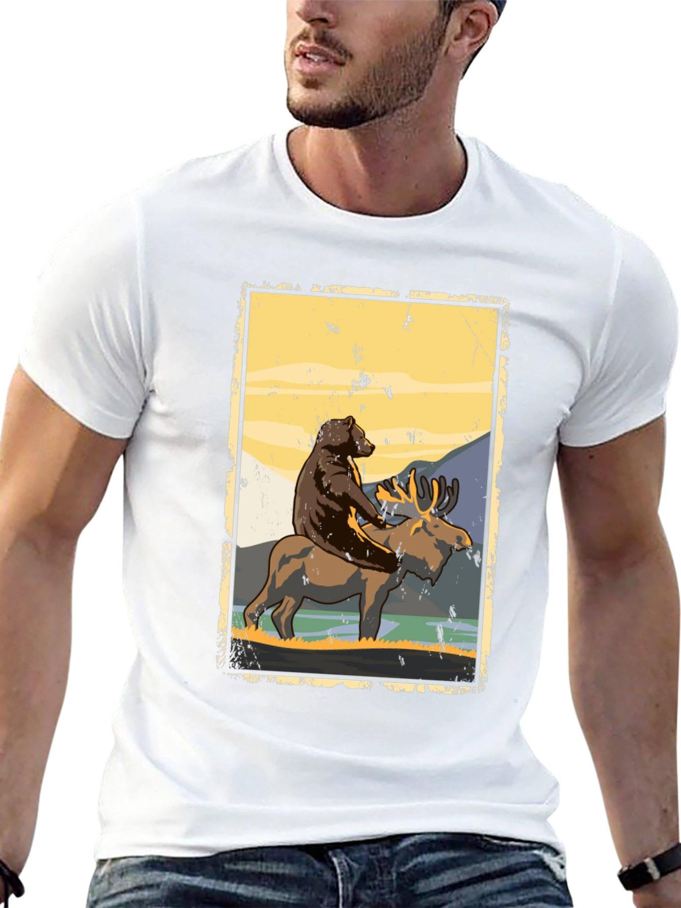 Bear Riding Moose Graphic T-Shirt - Nature Adventure Tee