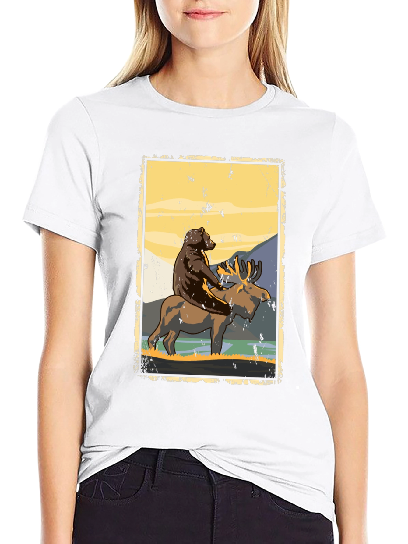 Bear Riding Moose Graphic T-Shirt - Nature Adventure Tee