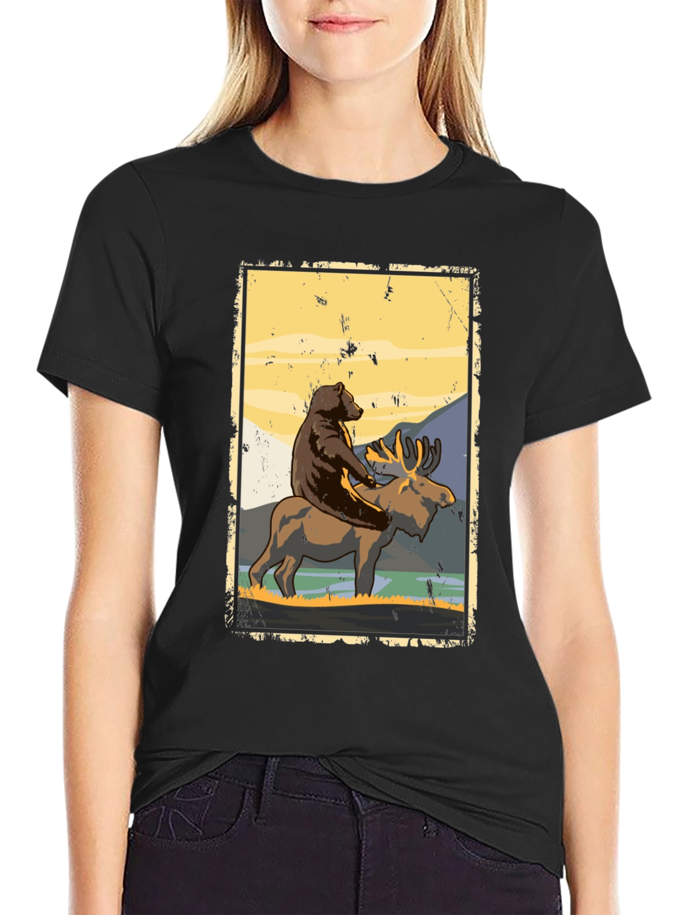 Bear Riding Moose Graphic T-Shirt - Nature Adventure Tee