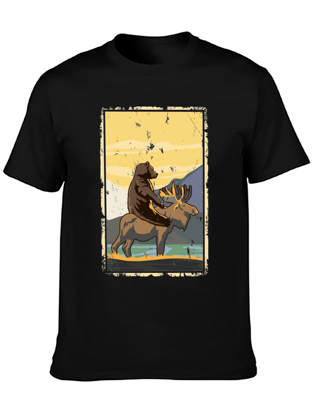 Bear Riding Moose Graphic T-Shirt - Nature Adventure Tee