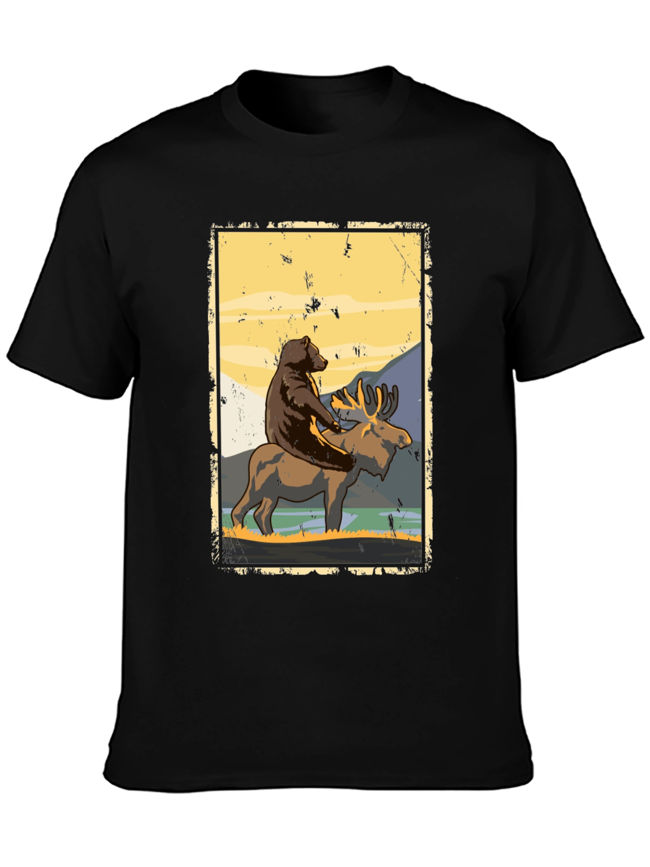 Bear Riding Moose Graphic T-Shirt - Nature Adventure Tee