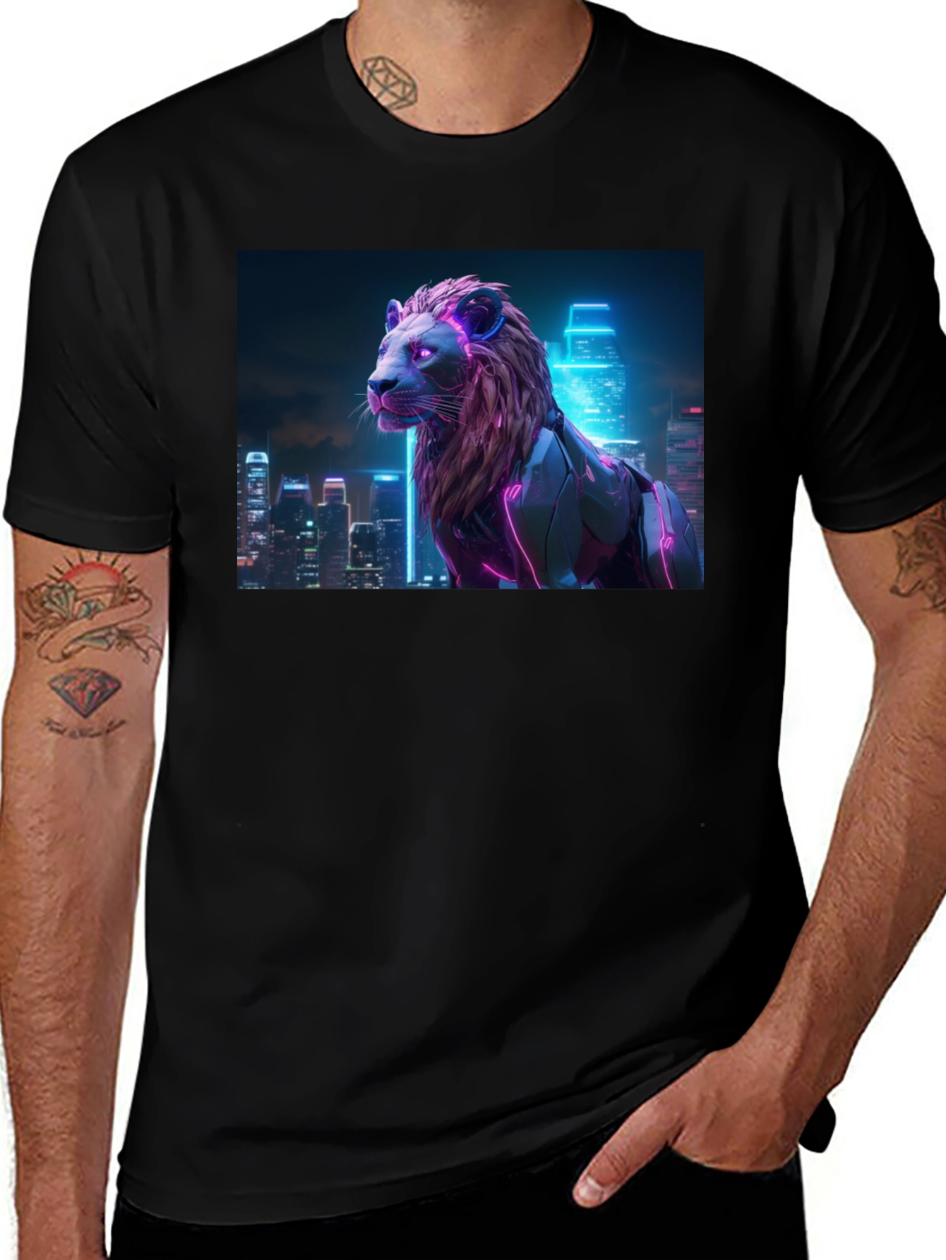 Cyberpunk Lion Graphic Tee - Black