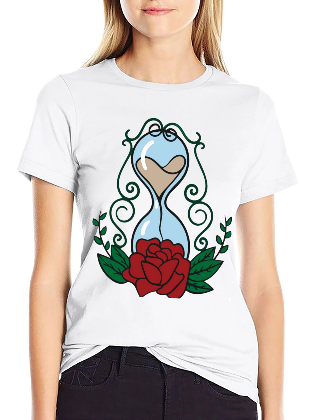 Hourglass & Rose Graphic Tee - Black Cotton