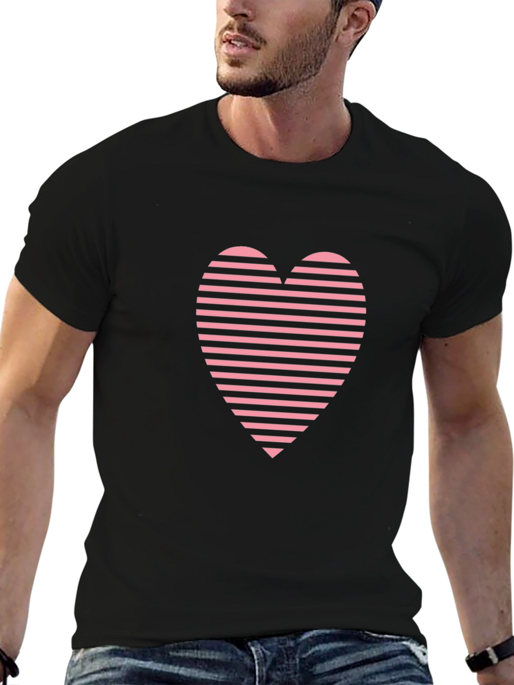 Striped Heart Graphic Tee - Casual Black T-Shirt